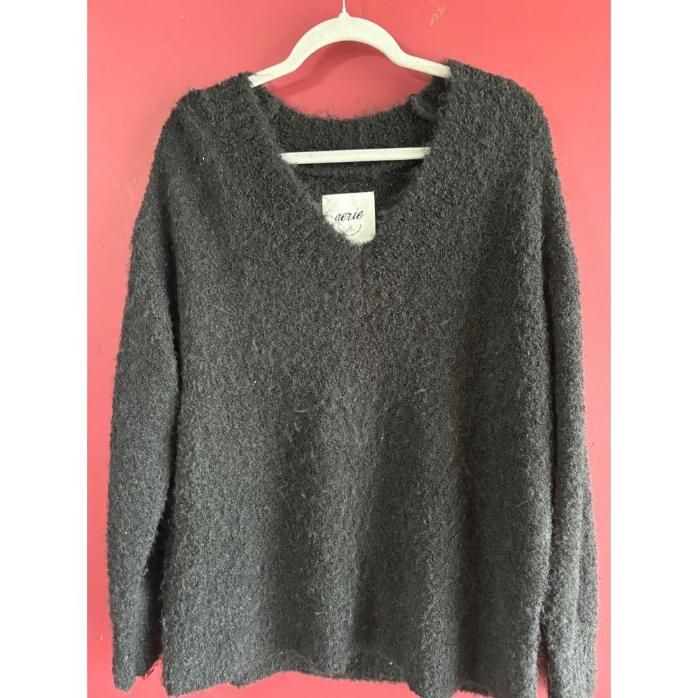 Aerie Womens Charcoal Grey Fuzzy V-Neck Oversized Knit Sweater Size Medium